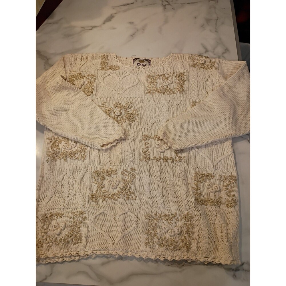 90s Y2K Tiara International Women’s Ivory Sweater 22 Embroidery Gold Xmas  VTG